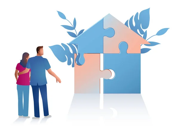 Graficzny Ilustracja Kilka Patrząc Dom Puzzle Koncepcję Nowej Rodziny Inwestycji — Wektor stockowy