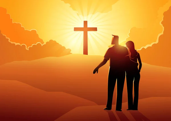 夫婦の手は丘の背景に十字架上で互いに到達します キリスト教の結婚 ロマンチックな 愛の概念 — ストックベクタ