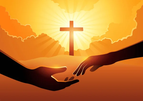 Couple Mains Tendues Sur Une Croix Sur Fond Colline Mariage — Image vectorielle