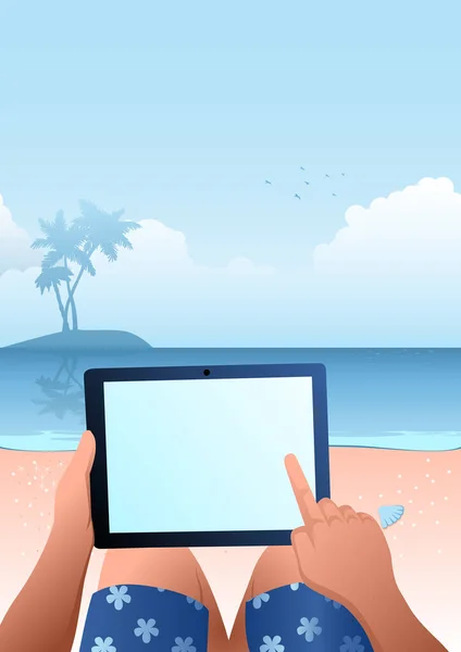 在热带海滩上使用平板电脑的人的商业概念向量说明 — 图库矢量图片