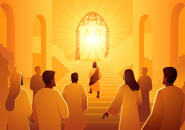Série Ilustrações Silhueta Bíblica Jesus Leva Grupo Seguidores Portão Céu — Vetor de Stock