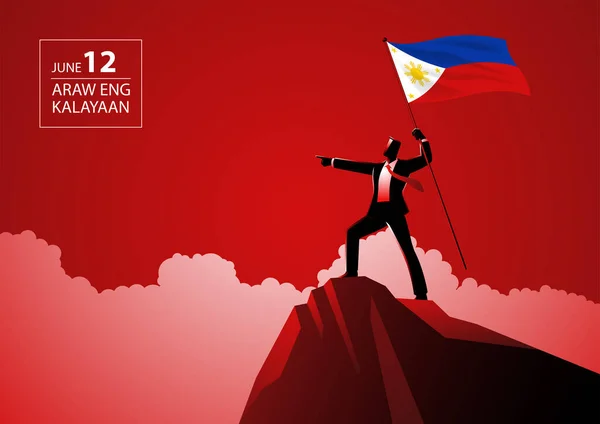 商人在山顶高举菲律宾国旗 抄本的意思是 自由日 矢量图解 — 图库矢量图片