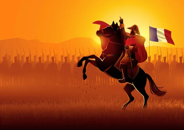 Ilustração Vetorial Napoleão Cavalo Liderando Seu Exército Campo Batalha —  Vetores de Stock