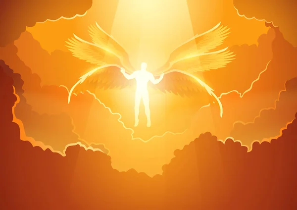 Fantasy Art Illustration Bright Light Archangel Six Wings Open Sky — Stock Vector