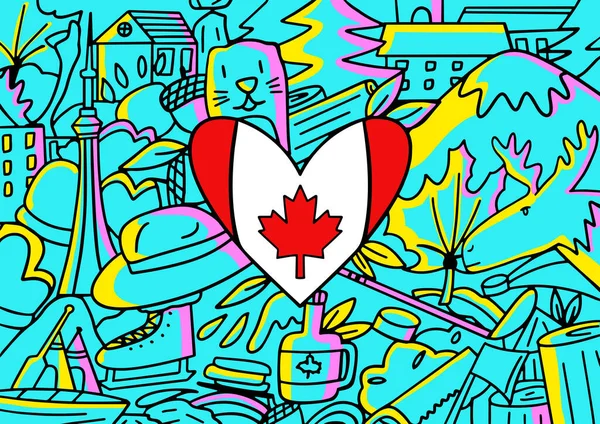 カナダの有名な要素とアイコンで飾られたハート型のカナダの旗を持つ壁画のドアアート ベクトルイラスト — ストックベクタ