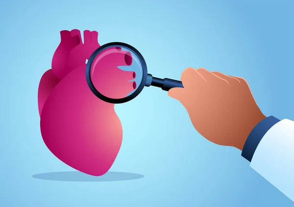 Ilustraciones Vectoriales Mano Médico Analizando Corazón Humano Con Lupas Cardiólogo — Vector de stock