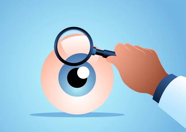 人の目を虫眼鏡で分析した医師の手のベクトルイラスト 眼科医眼科学の概念 — ストックベクタ