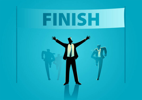 A businessman raises his hands on the finish line after winning a race. Competition, success, goal in business concept, vector illustration