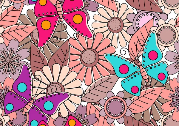 Mural Doodle Kunst Von Schmetterlingen Und Blumen Vektor Illustration Nahtlose — Stockvektor