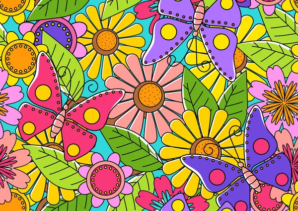 Mural Doodle Art Butterflies Flowers Vector Illustration Seamless Pattern — Stock Vector