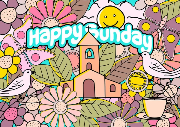 Mural Art Happy Sunday Typography Text Vector Illustration Church Doodle — Stock Vector