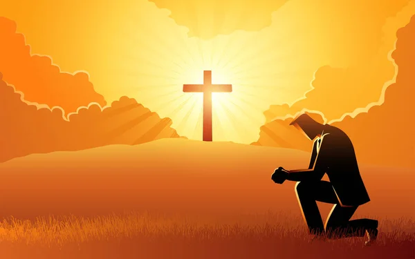 Серия Религиозных Векторных Иллюстраций Человека Молящегося Крестом Вспышкой Света Холме Стоковый вектор