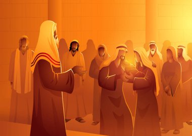 Biblical vector illustration series, forty days after Jesus' birth, Mary and Joseph carried Him to the Temple in Jerusalem clipart