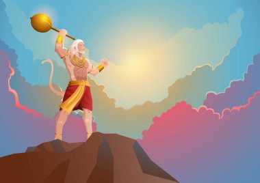 Hindistan 'ın Hindu Tanrısı, Hanuman' ın kayanın üzerinde durduğu fantezi sanatı, vektör illüstrasyon 