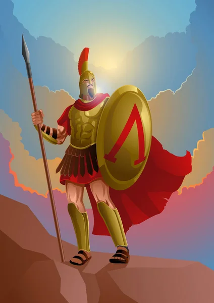 Vector Illustration Ancient Spartan Warrior Wearing Armor Red Cloak Rock — Stock Vector