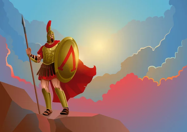 Vektor Illustration Eines Alten Spartanischen Kriegers Rüstung Und Rotem Mantel — Stockvektor