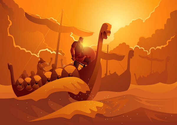 The vikings on the ship were sailing across the ocean to England, vector illustration