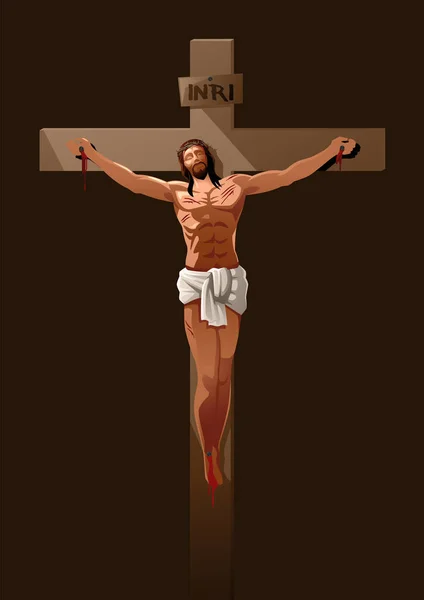 Illustrazione Vettoriale Gesù Sulla Croce Con Una Corona Spine — Vettoriale Stock