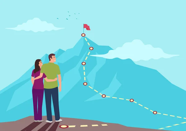 ルートマップ 家族計画の類推 幸せで調和のとれた家族を達成するための旅を持つ山の頂上を見上げているカップル — ストックベクタ