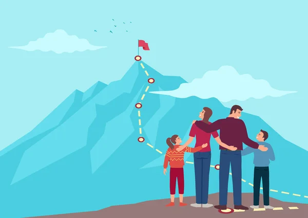 ルートマップ 家族計画の類推 幸せで調和のとれた家族を達成するための旅を持つ山の頂上を見下ろす家族 — ストックベクタ