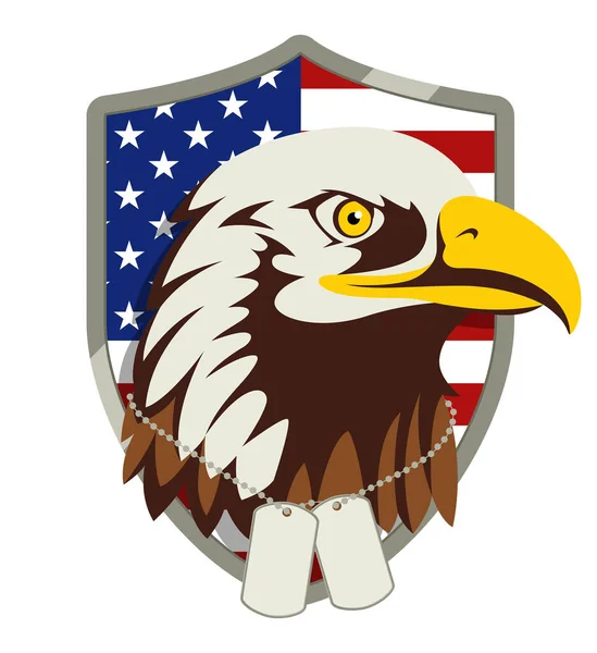 Ilustração Vetorial Cabeça Águia Careca Americana Usando Etiqueta Cachorro Militar —  Vetores de Stock