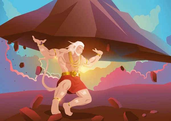 Fantasy Art Illustration Hanuman Lifting Dronagiri Mountain Indian God Hindu — Stock Vector