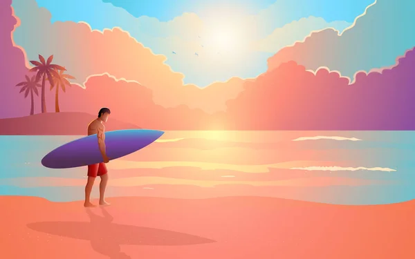 Panorama Plage Surfeur Marchant Sur Plage Vacances Été Sports Nautiques — Image vectorielle