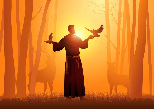 Religia Wektor Ilustracji Serii Święty Franciszek Asyżu Zwierzętami Lesie — Wektor stockowy