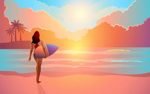 ビーチ 夏休み ウォータースポーツ ベクトルイラストを歩くサーファーの女の子のビーチパノラマ — ストックベクタ