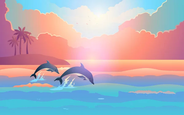 Smukt Panorama Solnedgangen Stranden Delfiner Leger Nær Tropisk Vektor Illustration – Stock-vektor