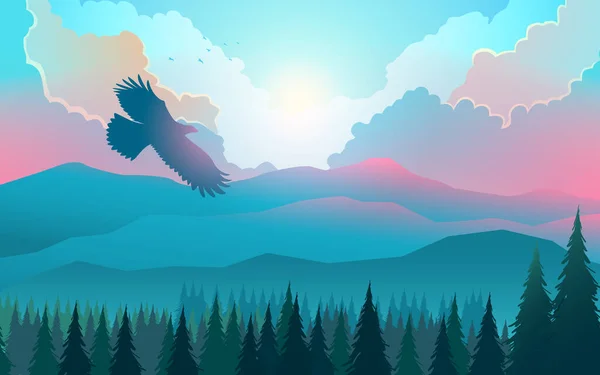 Beautiful Scenery Twilight Colors Decorated Pine Trees Eagles Flying Sky Stock Illustration