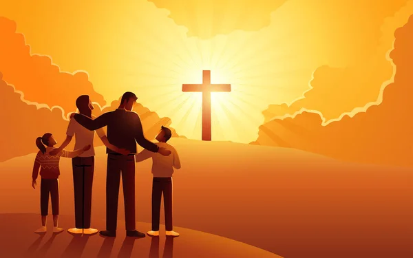 クリスチャン家族の聖書のベクトルイラストシリーズは 丘の上の十字架を見上げ 丘の底に立っています 献身的なキリスト教徒の概念 — ストックベクタ