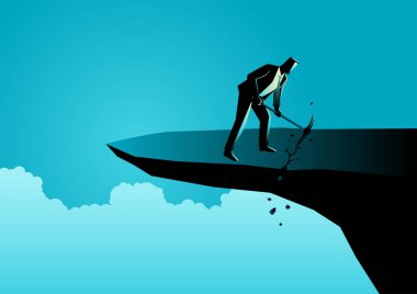 Kazmalı bir iş adamı kendini düşürmek için kayanın kenarını kazar. Yanlış strateji, aptallık konsepti.