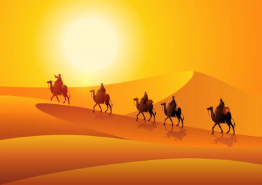 Vector illustration of Arab traders riding camels in the hot desert, Silk Road of the Gobi Desert clipart