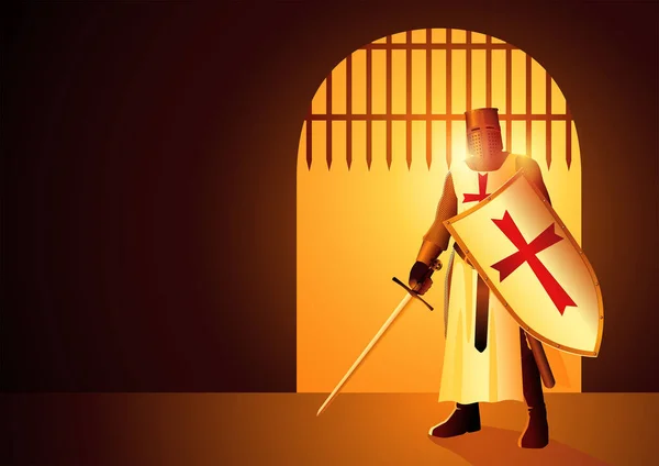 Knight Templar Holding Sword Shield Castle Gate Vector Illustration — Stock Vector