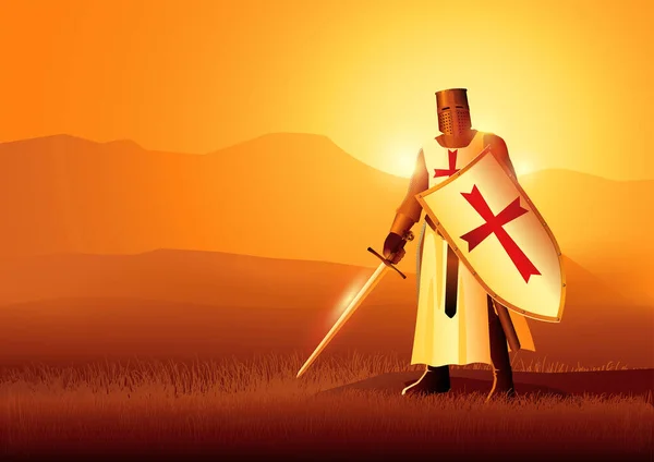 Cavaliere Dei Templari Con Una Spada Uno Scudo Sul Paesaggio — Vettoriale Stock