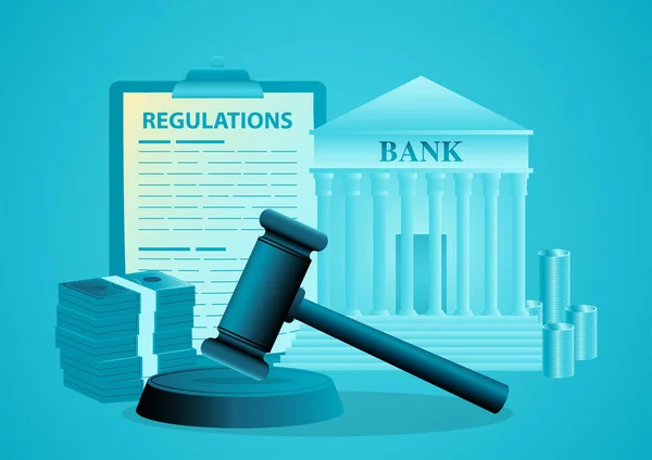 Martillo Justicia Gavel Con Edificio Bancario Dinero Documento Regulación — Vector de stock