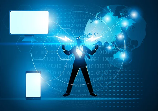 Business Concept Illustration Businessman Having Wire Connection Computer Smartphone World — Image vectorielle