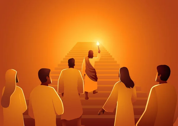 성서의 실루엣 일러스트 시리즈 예수는 계단을 오르기 횃불을 추종자들의 무리를 — 스톡 벡터