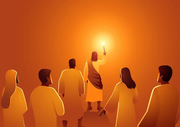 Biblijna Seria Ilustracji Sylwetki Jezus Prowadzi Grupę Zwolenników Pochodnią Jezus — Wektor stockowy