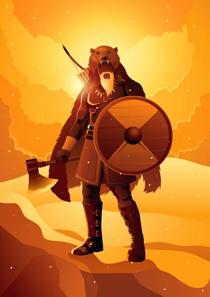 Viking Berserker Noszący Skórę Niedźwiedzia Trzymający Topór Tarczę Zaśnieżonych Wzgórzach — Wektor stockowy