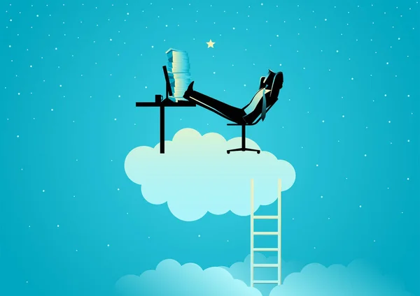 Conceito Negócio Ilustração Homem Negócios Senta Confortavelmente Topo Nuvem Trabalho —  Vetores de Stock
