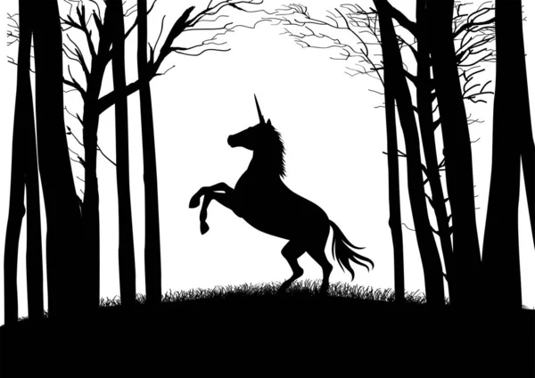 Silhouette Une Licorne Dans Les Bois Illustration Vectorielle Noir Blanc — Image vectorielle