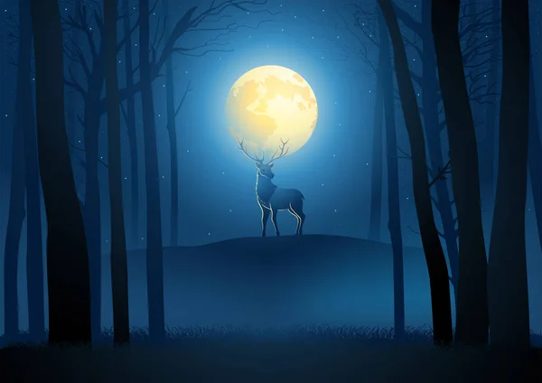 森の中の満月の間の鹿の美しい風景 ベクトル図 — ストックベクタ