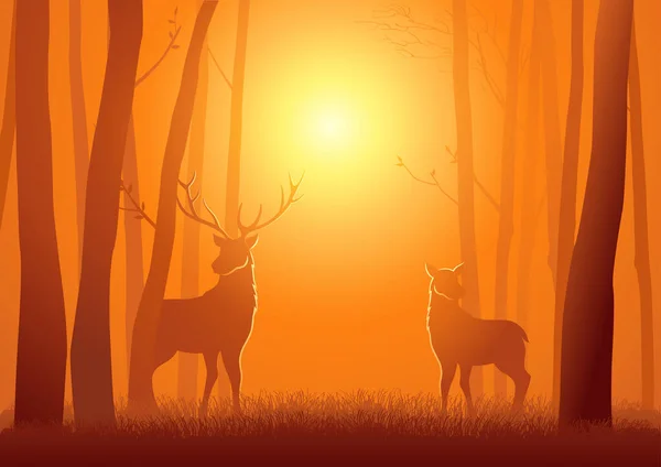 Silhouette Two Deer Woods Vector Illustration — Stock Vector