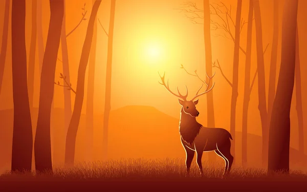 Vector Illustration Deer Woods Beautiful Scenery — Stock Vector