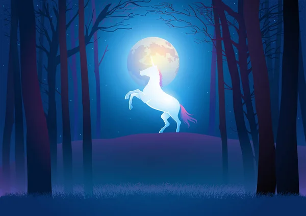Bellissimo Scenario Unicorno Durante Luna Piena Nel Bosco Illustrazione Vettoriale — Vettoriale Stock
