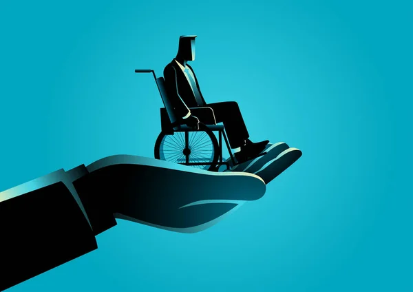Giant Χέρι Κρατώντας Έναν Επιχειρηματία Αναπηρική Καρέκλα Συναισθηματικά Οφέλη Φροντίδα — Διανυσματικό Αρχείο