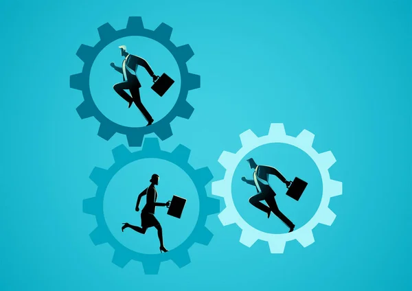 Illustration Shows Businessmen Businesswoman Running Cogwheels Make Them Rotate Team — Stock Vector