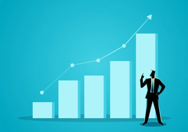 İş konsepti, arka plan, iş vizyonu, iyimserlik kavramında artan grafik grafiklerine dikkat çeken bir işadamı çizimi